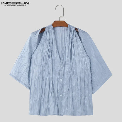 Stylish Casual Style Tops INCERUN Men Pleated V-neck Shoulder Hollow Design Shirt Handsome Male Medium Sleeved Blouse S-5XL 2024