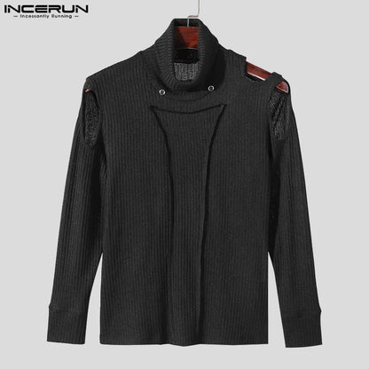 Casual Simple Style Tops INCERUN New Men's High Neck Hollowed Striped Pullovers Streetwear Male Long Sleeved Sweater S-5XL 2024