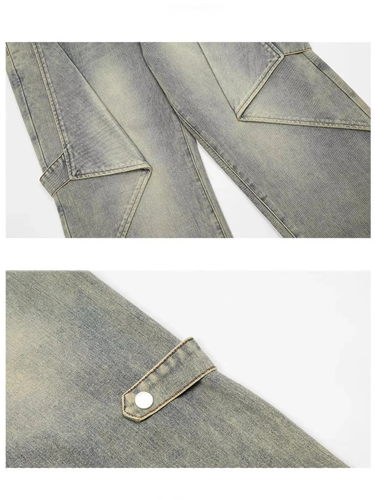 HOUZHOU Pantalon en jean à jambe large pour homme, streetwear, baggy, en denim vieilli, surdimensionné, décontracté, froncé, coréen, hip-hop