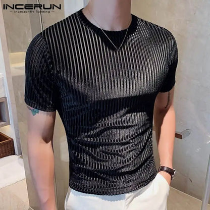 Men Casual T Shirt Velour Round Neck Short Sleeve Solid Color Streetwear Men Clothing 2023 Pleated Fashion Camisetas 3XL INCERUN