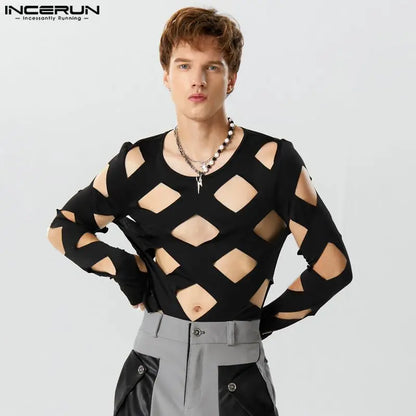 2023 Men Bodysuits Solid Hollow Out Sexy O-neck Long Sleeve Male T Shirts Rompers Streetwear Sexy Fashion Bodysuit S-3XL INCERUN