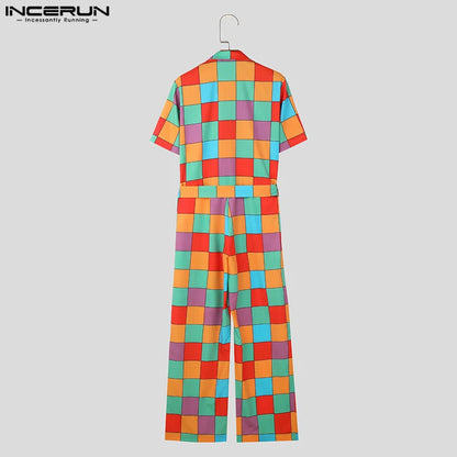 INCERUN 2024 American Style Bodysuits Fashion Men's Colored Block Design Jumpsuit Casual Personality Short Sleeved Rompers S-5XL