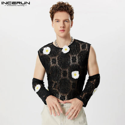 Fashion Casual Style Tops INCERUN New Men Lace See-through Spliced Flower Vests Sexy Well Fitting Cropped O-neck Tank Tops S-5XL