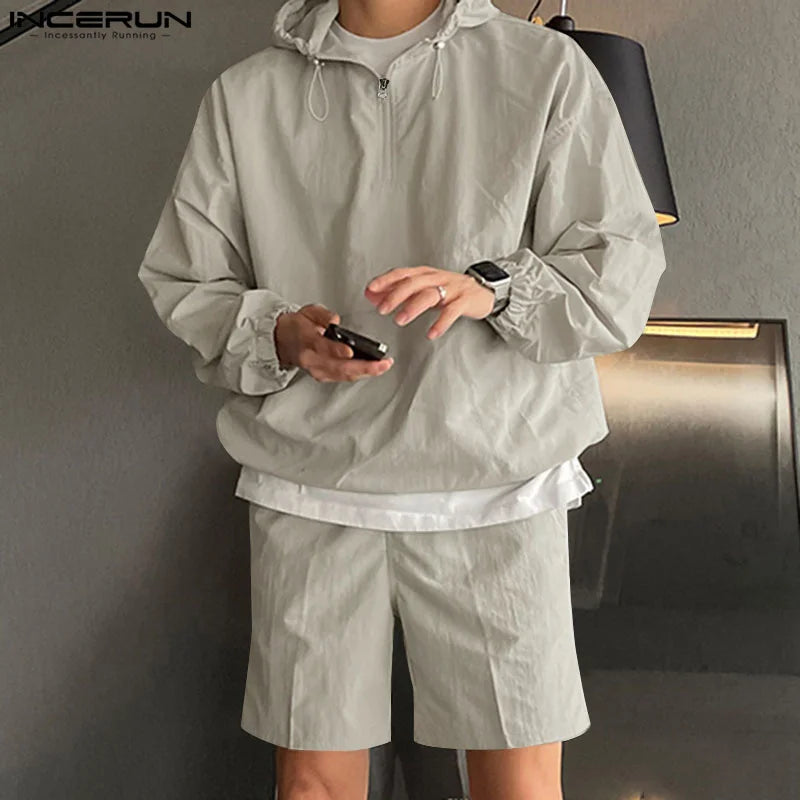 Fashion Casual Mens Sets INCERUN 2024 Hooded Sweatshirt Shorts Streetwear Male Hot Selling Hooded Sweatshirt Suit 2 Pieces S-5XL