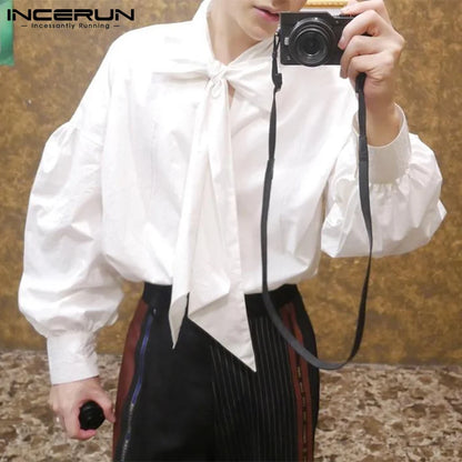 INCERUN Tops 2023 Fashion New Men Loose Long Sleeve Tie Blouse Stylish Solid Hot Sale Comfortable Casual Streetwear Shirts S-5XL