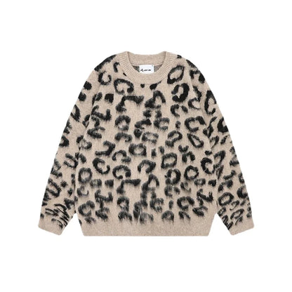 HOUZHOU Mohair Sweaters Men Fleece Leopard Korean Thicken Warm Knitting Winter Animal Print Long Sleeve Pullovers Streetwear