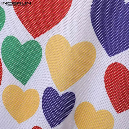 INCERUN Tops 2024 Korean Style Men's Fashion O-necked Colorful Heart Hollowed Print Tank Tops Casual Streetwear Male Vests S-5XL