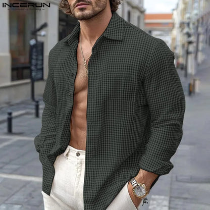 INCERUN Stylish Men's Tops 2024 Autumn New Arrival Lapel Neck Long Sleeve Shirts Plaid Casual Blouse Male Fashion Clothing S-5XL