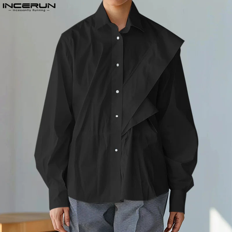 Handsome Well Fitting Tops INCERUN Men Fashion Loose Sloping Design Shirt Casual Streetwear Solid Long Sleeved Blouse S-5XL 2024