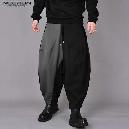 INCERUN 2024 Korean Style Men's Trousers Fashion Wide Leg Long Pants Casual Streetwear Patchwork Color Contrast Pantalons S-5XL