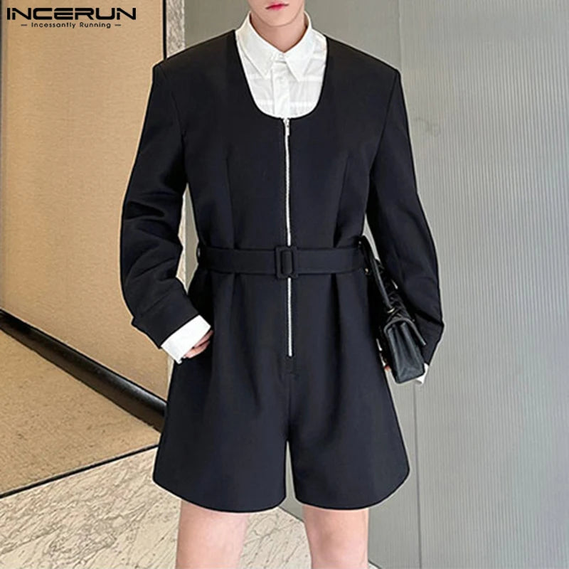 INCERUN 2024 Korean Style Mens Rompers Stylish Low Neck Zipper One Piece Bodysuit Male Solid Leisure Long Sleeved Jumpsuit S-5XL