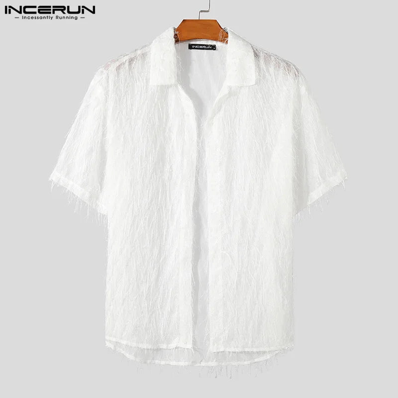 INCERUN Tops 2024 Chemises de perspective en mousseline de soie à pompons de style américain pour hommes Chemises décontractées à manches courtes pour vacances d'été à revers S-5XL