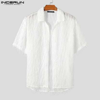 INCERUN Tops 2024 Chemises de perspective en mousseline de soie à pompons de style américain pour hommes Chemises décontractées à manches courtes pour vacances d'été à revers S-5XL