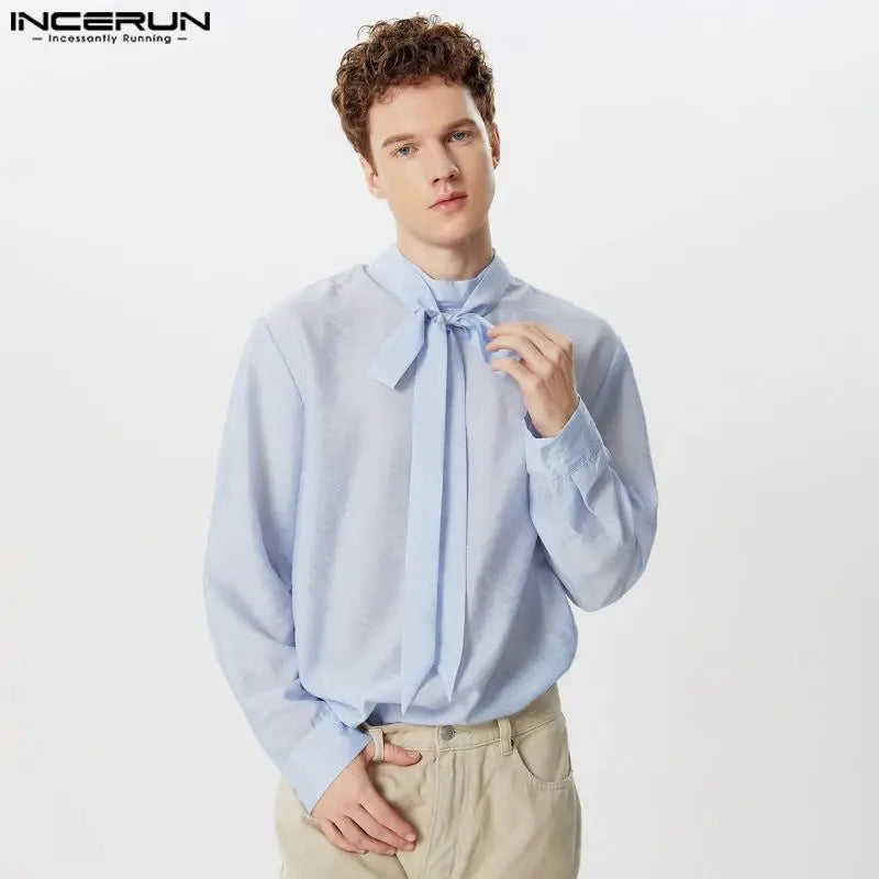 Handsome Well Fitting Tops INCERUN 2024 Men Fashion Ribbon Design Perspective Shirt Casual Simple Long Sleeved Blouse S-5XL 2024