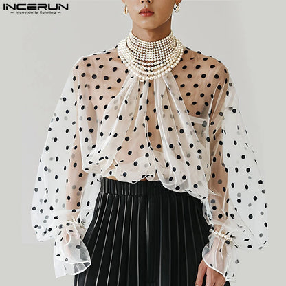 INCERUN Tops 2024 Korean Style Fashion Men's High Neck Polka Dot Perspective Shirts Clubwear Thin Puff Long Sleeved Blouse S-5XL