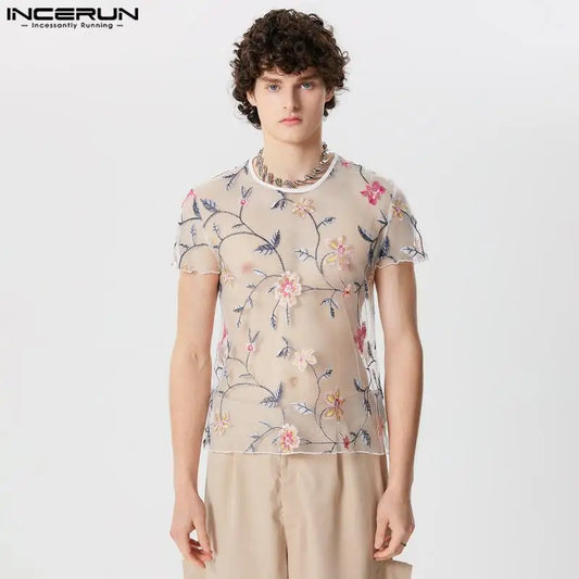 INCERUN Tops 2024 Sexy Fashion Men Perspective Jacquard Embroidery T-shirts Male Casual Thin O-neck Short Sleeved Camiseta S-5XL