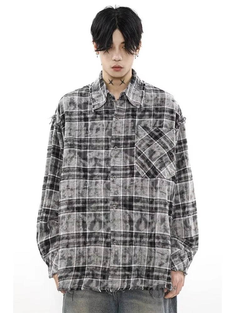 HOUZHOU Harajuku Chemises à Carreaux Manteau Hommes Oversize Manches Longues Hommes Cardigan à Carreaux Chemisiers Homme Japonais Streetwear Hip Hop