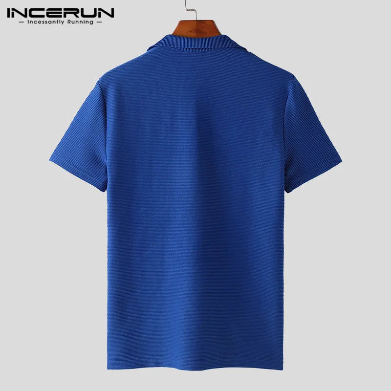 INCERUN Tops 2024 American Style Men Knitted Pit Stripe Design T-shirts Fashion Male Hem Slit Tight Short Sleeved Camiseta S-2XL