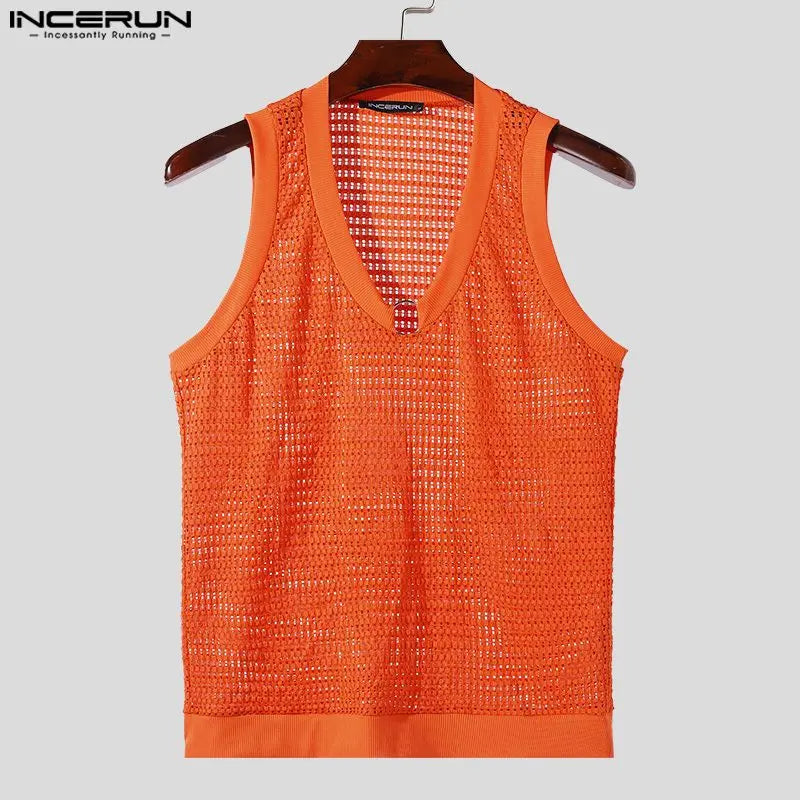 2024 männer Tank Tops Aushöhlen V-ausschnitt Ärmellose Transparent Sommer Männlichen Westen Streetwear Fashion Casual Männer Kleidung INCERUN