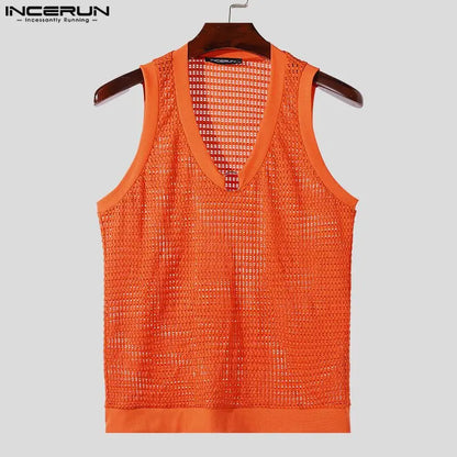 2024 Men's Tank Tops Hollow Out V Neck Sleeveless Transparent Summer Male Vests Streetwear Fashion Casual Men Clothing INCERUN