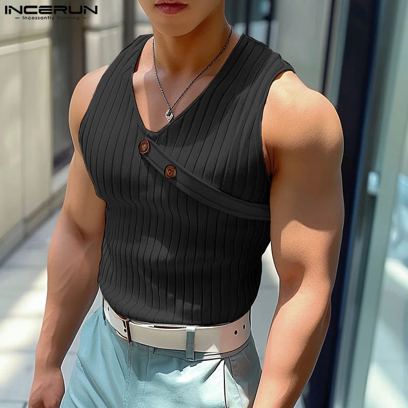 INCERUN Tops 2024 Korean Style Men's Knitted Buckle Design Vests Casual Streetwear Male Solid V-neck Sleeveless Tank Tops S-5XL