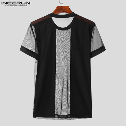 2023 Men's T Shirt Mesh Patchwork Streetwear O-neck Short Sleeve Sexy Camisetas See Through Fashion Men Clothing S-5XL INCERUN