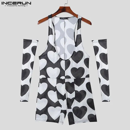 INCERUN 2024 Sexy Männer Bodysuits Liebe Druck Ärmel Design Overalls Stilvolle Männliche Homewear Flache winkel Ärmellose Strampler S-3XL