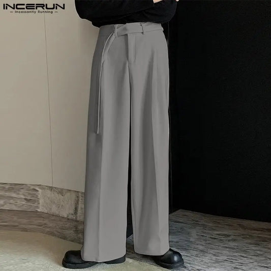 INCERUN 2024 Korean Style Pantalons Men's Matching Belt Design Straight Leg Trousers Leisure Solid Comfortable Long Pants S-5XL