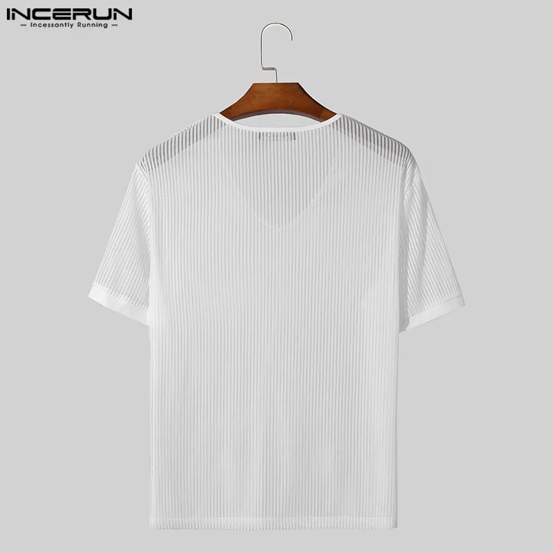 INCERUN Tops 2024 Koreanischen Stil Stilvolle Männer Leicht Durchsichtige V-ausschnitt Gestreiften T-shirts Männlichen Casual Kurzarm Camiseta S-5XL