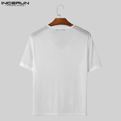 INCERUN Tops 2024 Style coréen élégant hommes légèrement transparent col en V rayé T-shirts hommes décontracté à manches courtes Camiseta S-5XL