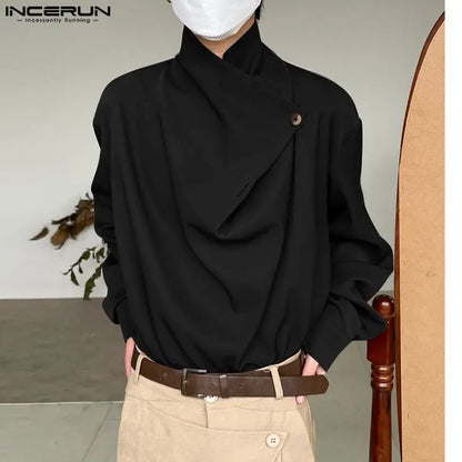 INCERUN Tops 2023 Korean Style Fashion Men's Swinging Neck Irregular Neckline Shirts Casual Solid Loose Long Sleeve Blouse S-5XL