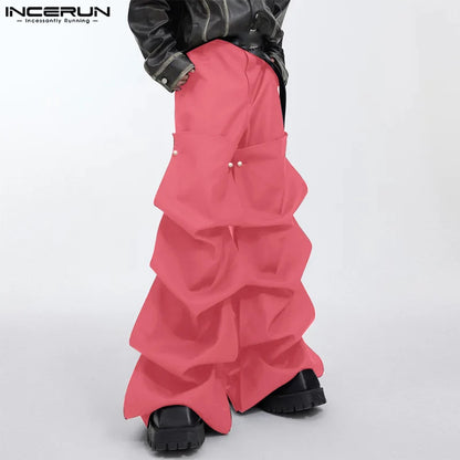 INCERUN 2024 Korean Style Men's Stylish Trousers Casual Clothing Solid Layered Design Pantalons Male Streetwear Long Pants S-5XL