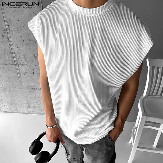 Fashion Well Fitting Tops INCERUN Men's Solid Pit Stripe Texture Vests Summer Casual Streetwear Loose Sleeveless Tank Tops S-5XL