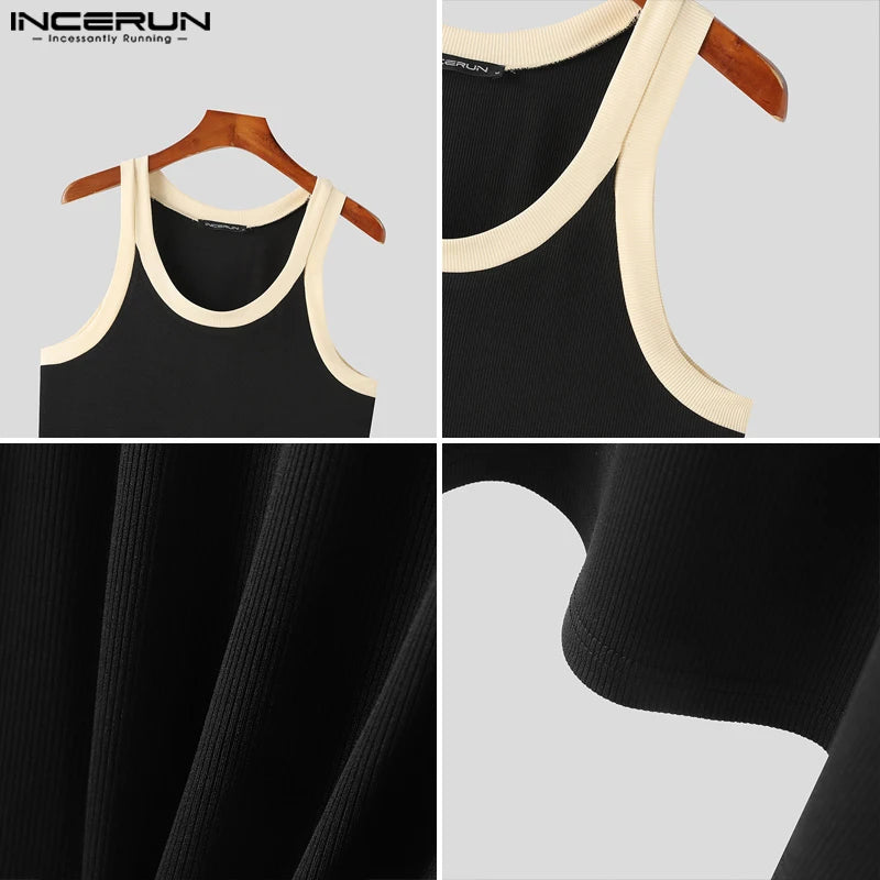 INCERUN Tops 2024 Koreanische Stil Mode Für Männer Sexy Engen Kragen Kontrast Farbe Westen Sommer Streetwear Ärmellose Tank Tops S-5XL