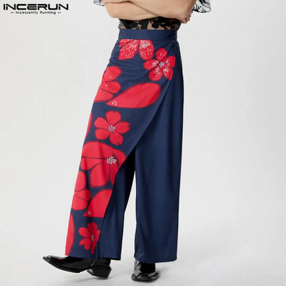 INCERUN 2024 American Style Trousers Stylish Men Fake Two-piece Spliced Floral Print Pants Male Leisure Wide Leg Pantalons S-5XL