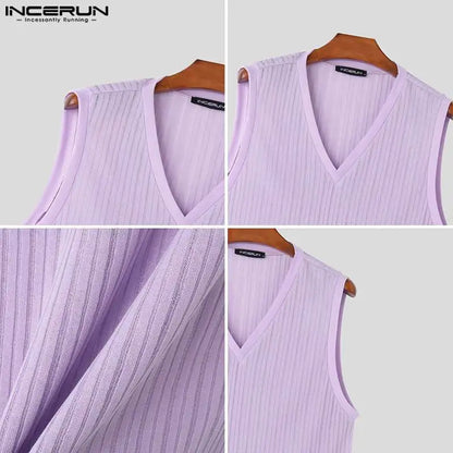 Fashion Casual Style Tops INCERUN New Men V-neck Striped Slightly Transparent Vests Summer Male Loose Sleeveless Tank Tops S-5XL