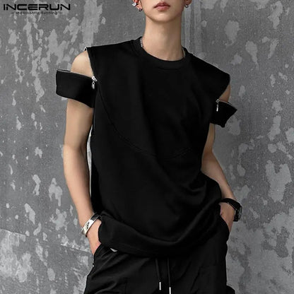 2024 Men T Shirt Solid Color Zipper O-neck Short Sleeve Streetwear Men Clothing Summer Korean Casual Male Tee Tops S-5XL INCERUN