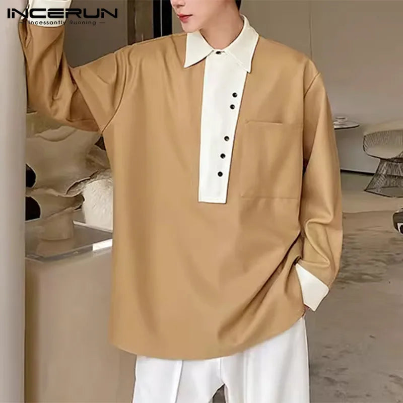 INCERUN Tops 2024 Korean Style Mens Collar Contrasting Color Pullover Shirts Leisure Personality Loose Long Sleeved Blouse S-5XL