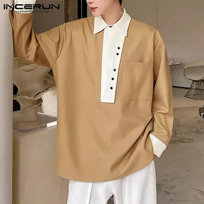 INCERUN Tops 2024 Korean Style Mens Collar Contrasting Color Pullover Shirts Leisure Personality Loose Long Sleeved Blouse S-5XL