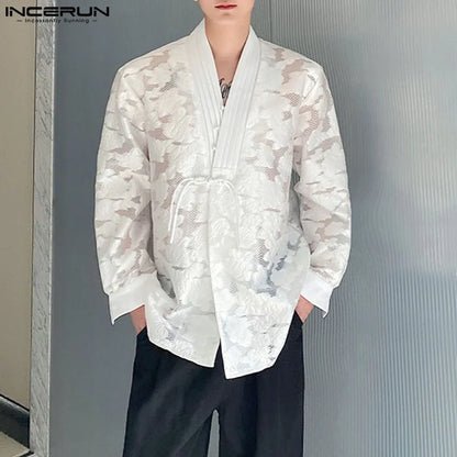 INCERUN Tops 2024 Chinese Style Men's Buckle Hollow Jacquard Design Shirts Casual Streetwear Hot Sale Short Sleeved Blouse S-5XL