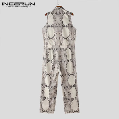 INCERUN 2024 American Style New Men Jumpsuits Personality Printed Jumpsuits Stylish Clubwear Male Lapel Sleeveless Rompers S-5XL