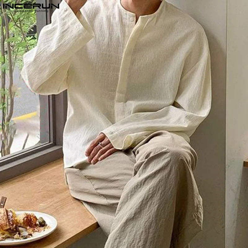 INCERUN Tops 2024 Korean Style Men's Simple Solid Pleated Shirts Casual Streetwear Male Summer O-neck Long Sleeved Blouse S-5XL