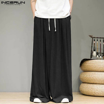 INCERUN 2024 Korean Style Trousers Men Solid All-match Long Pant Leisure Streetwear Male Hot Sale Loose Wide Leg Pantalons S-5XL