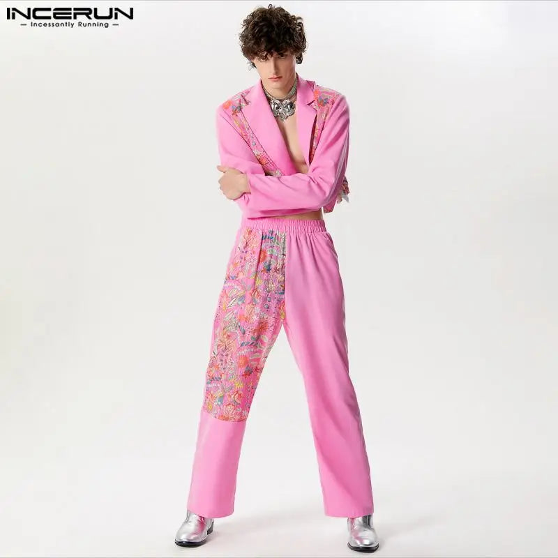 INCERUN 2024 American Style Men's Fashion Sets Short Long Sleeved Suit Coats Long Pants Sexy Patchwork Lace Two-piece Sets S-5XL