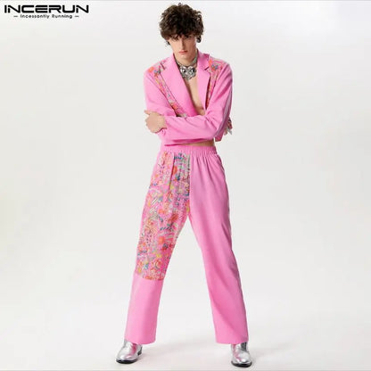 INCERUN 2024 American Style Men's Fashion Sets Short Long Sleeved Suit Coats Long Pants Sexy Patchwork Lace Two-piece Sets S-5XL