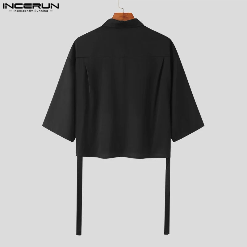 Mode Casual Style Tops INCERUN Hübsche Männer Einfarbig Bluse Party Alle-spiel Männlichen Band Kurzarm Revers Shirts S-5XL