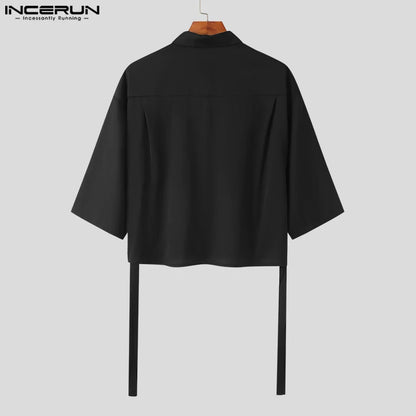 Fashion Casual Style Tops INCERUN Handsome Men's Solid Color Blouse Party All-match Male Ribbon Short-sleeved Lapel Shirts S-5XL