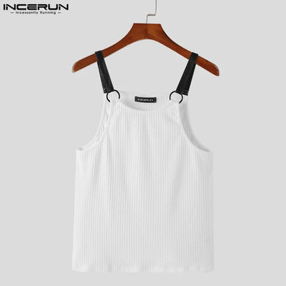 INCERUN Tops 2024 Koreanische Stil Mode Für Männer Gestreiften Patchwork Leder Westen Casual Streetwear Sommer Ärmellose Tank Tops S-5XL