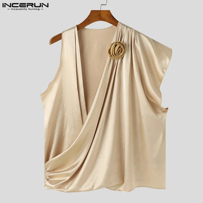 INCERUN Tops 2024 Korean Style Fashion Men Irregular Pile Neck Flower Decoration T-shirts Casual Solid Sleeveless Camiseta S-5XL