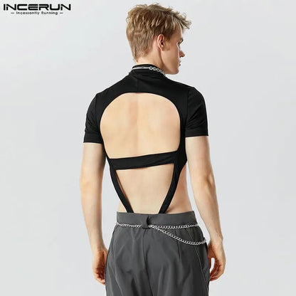 INCERUN 2023 Sexy New Mens Homewear Jumpsuits Symmetric Hollow Design Short Sleeve Half High Neck Solid Triangle Bodysuits S-5XL